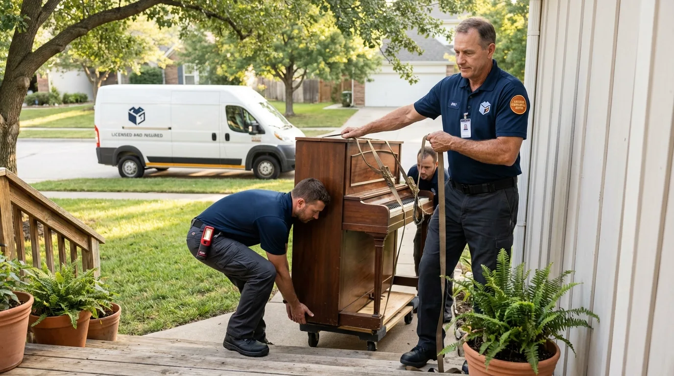 Licensed piano movers securing grand piano in Forman, ND