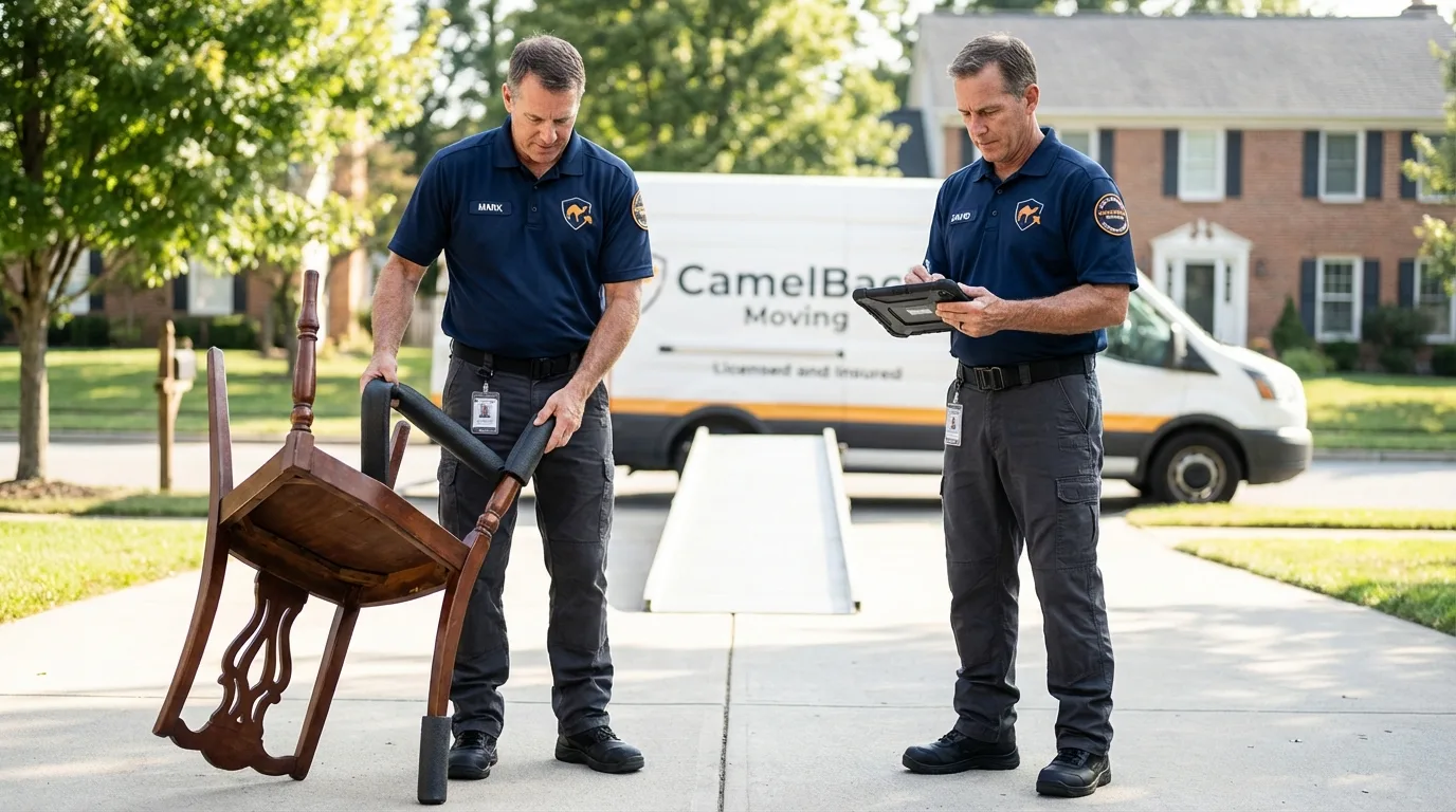 Movers inspecting furniture for damage prevention before loading in Forman, ND